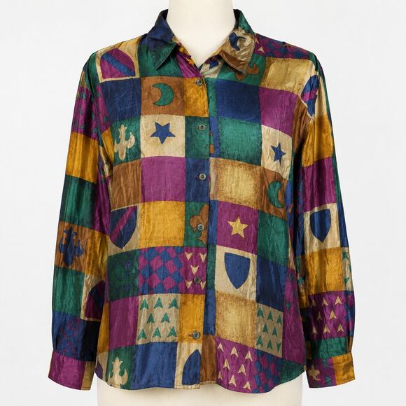 jonathan martin Tops - Vintage Jonathan Martin Patchwork Silk Button Front Blouse Women's M Long Sleeve